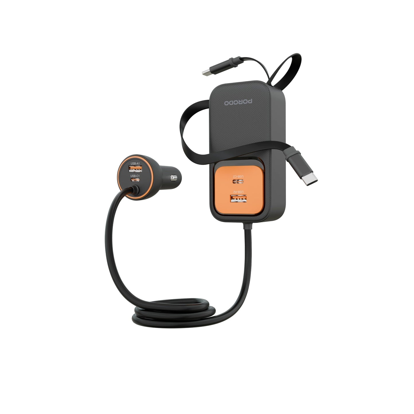 Porodo ENZO MULTI-PORT CAR CHARGER Dual 70cm Retractable Cables