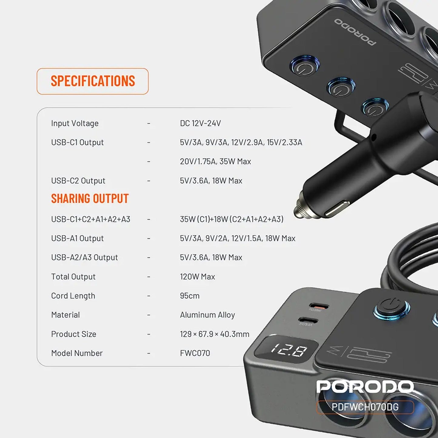 بورودو 120 واط Car شاحن Hub Trتقنية النبضات الضوئيةe-Pأوt Lighter Socket
