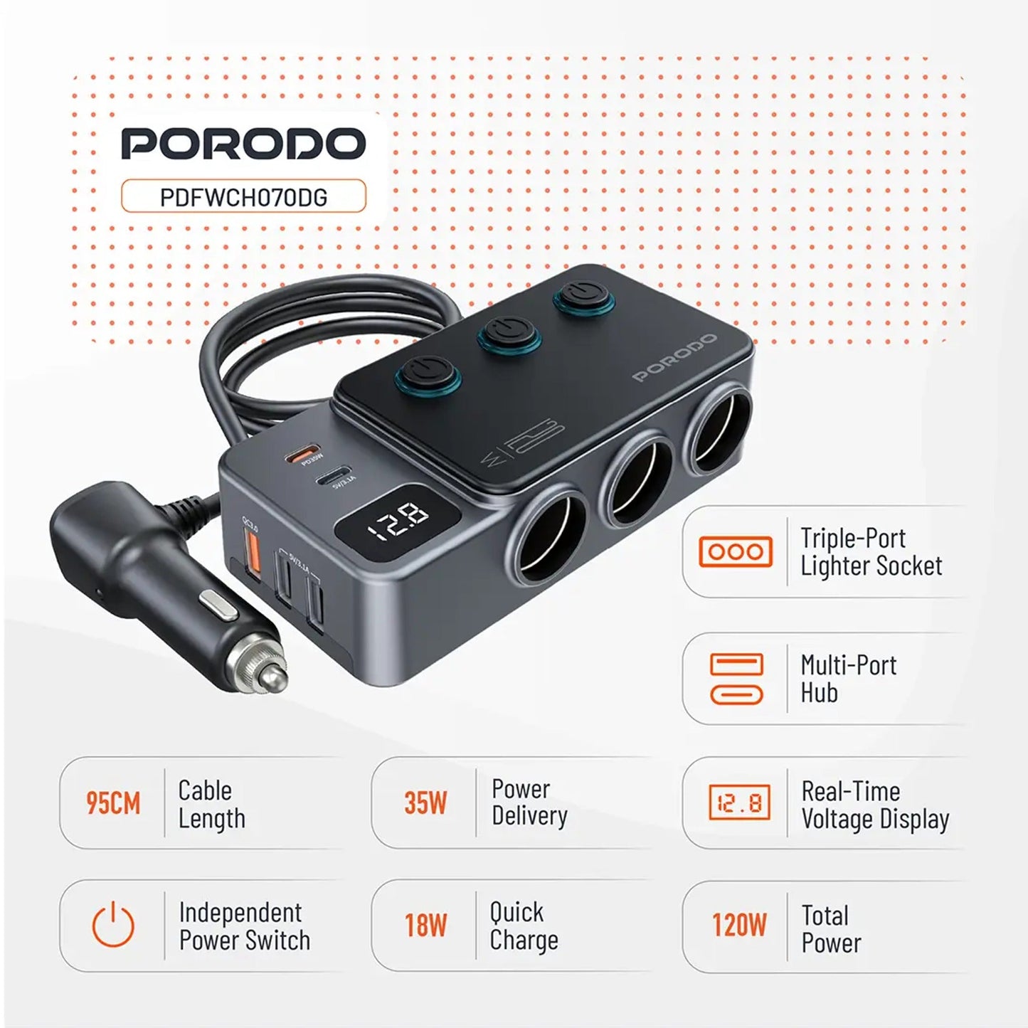 بورودو 120 واط Car شاحن Hub Trتقنية النبضات الضوئيةe-Pأوt Lighter Socket