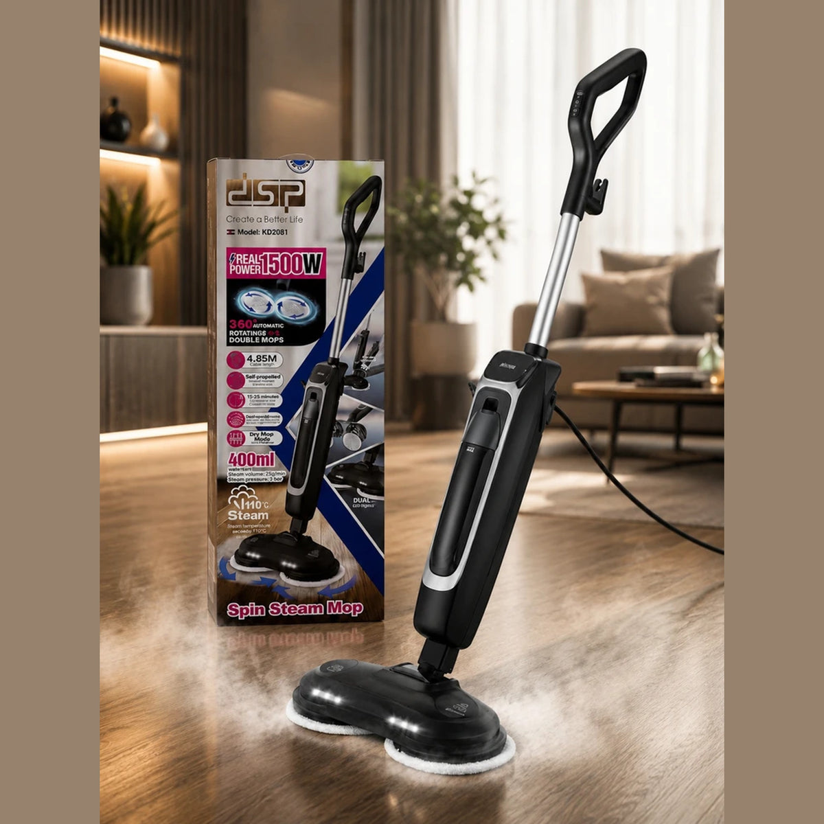 Dsp Spin Steam Cleaner with 360° Auto Rotating Double Mops 1500W - KD2081