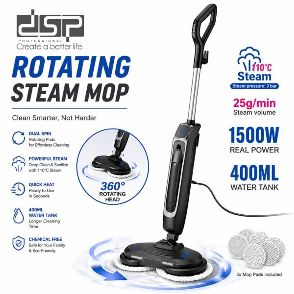 Dsp Spin Steam Cleaner with 360° Auto Rotating Double Mops 1500W - KD2081