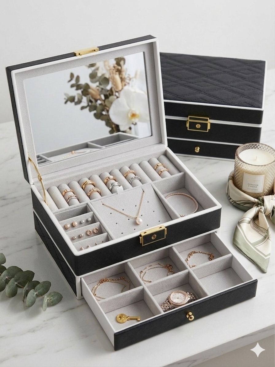 Jewelry Organizer Box with LED Mirror & Drawers
